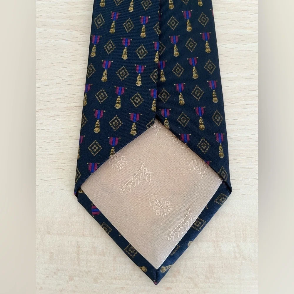 Gucci Black Silk Tie Gold Tassels,Fuschia Pink and blue Pattern Vintage BNWOT